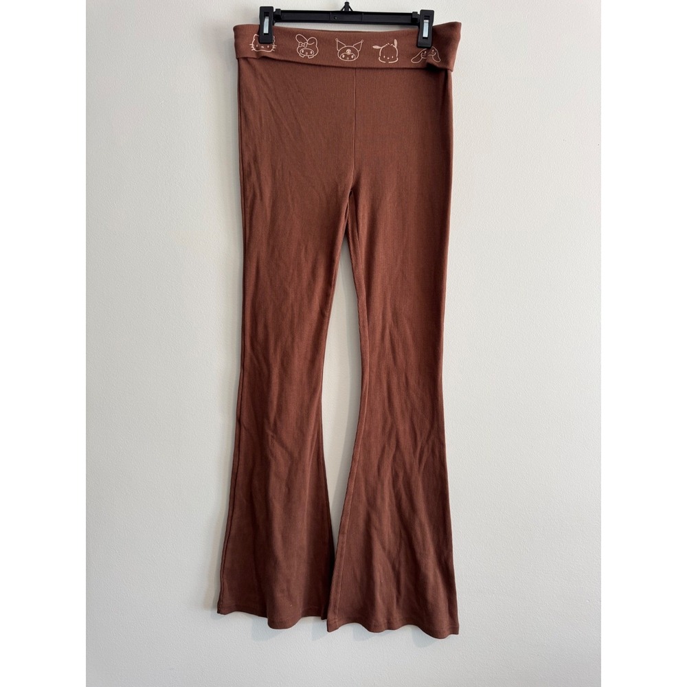 Sanrio Hello Kitty yoga pants medium Y2K Ribbed Flare Women's Brown Foldover - Picture 4 of 6
